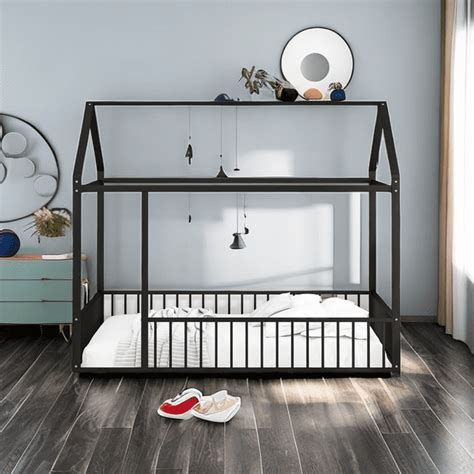 Metal Bed House Bed Frame with Fence, for Kids, Teens, Girls, 